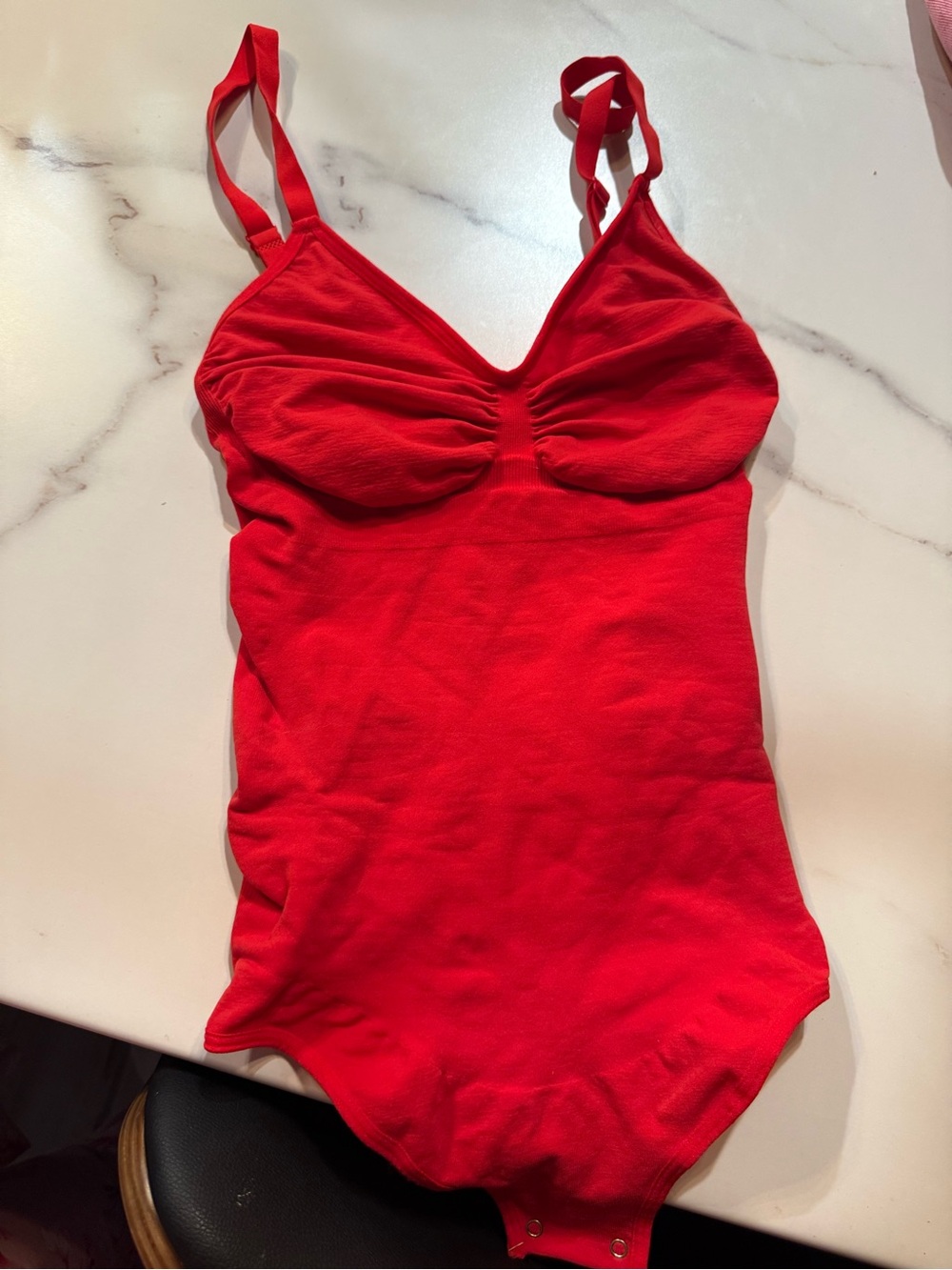 V-Neck Red Stretch Bodysuit with Adjustable Straps
